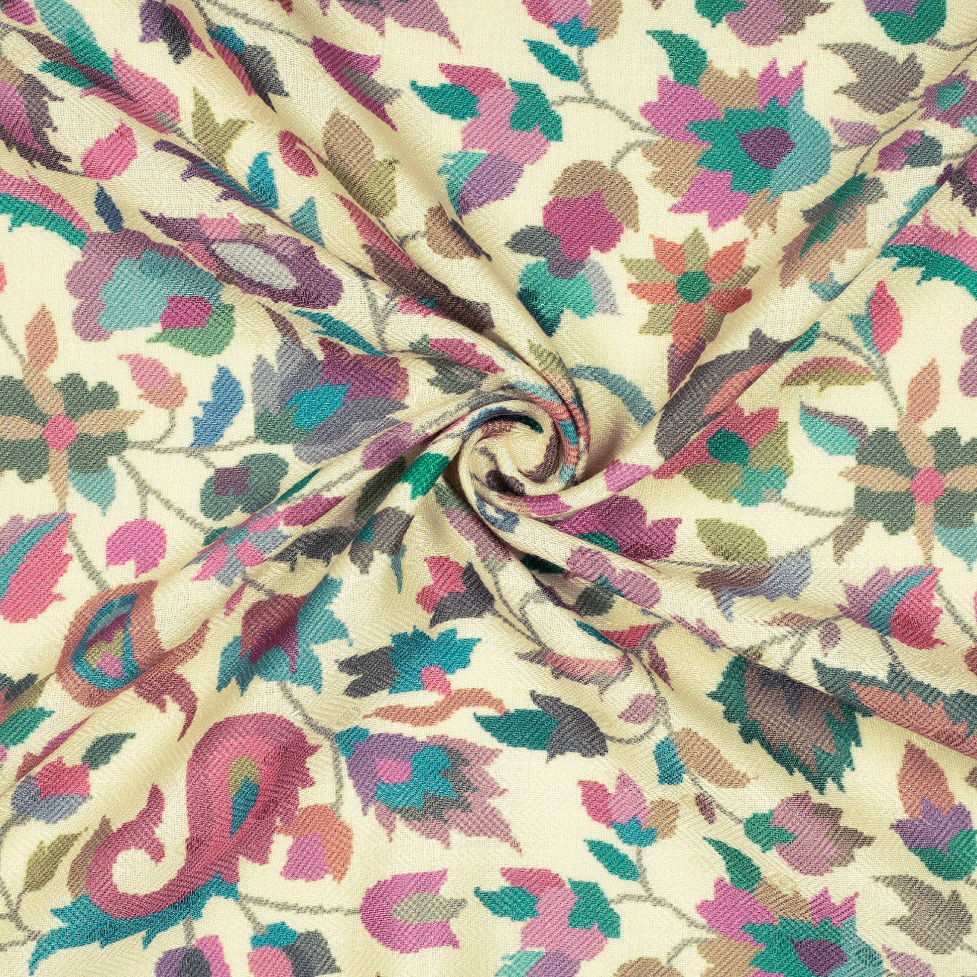Ivory Cream And Pink Paisely Pattern Digital Print Elegant Blend Pashmina Fabric - Fabcurate