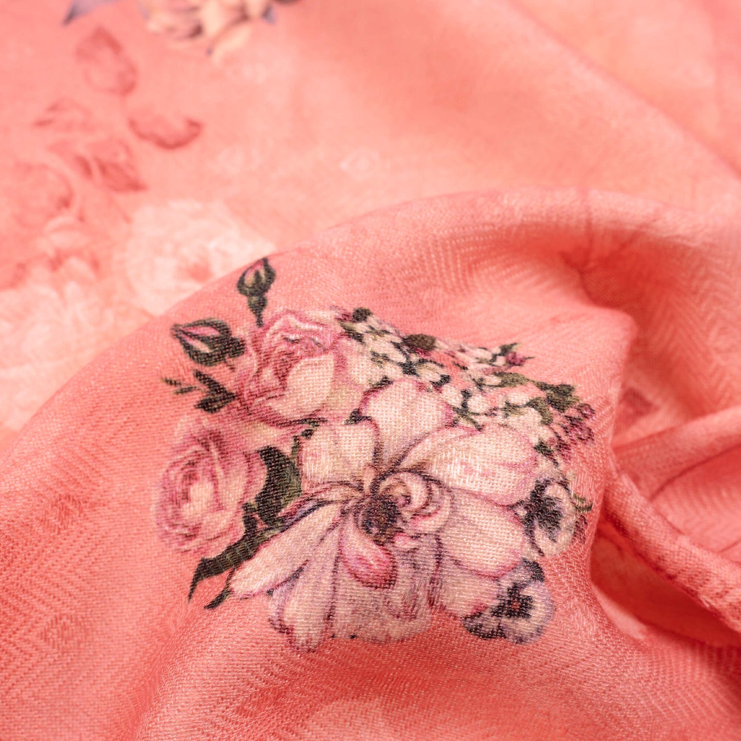 Brick Pink Floral Pattern Digital Print Elegant Blend Pashmina Fabric - Fabcurate
