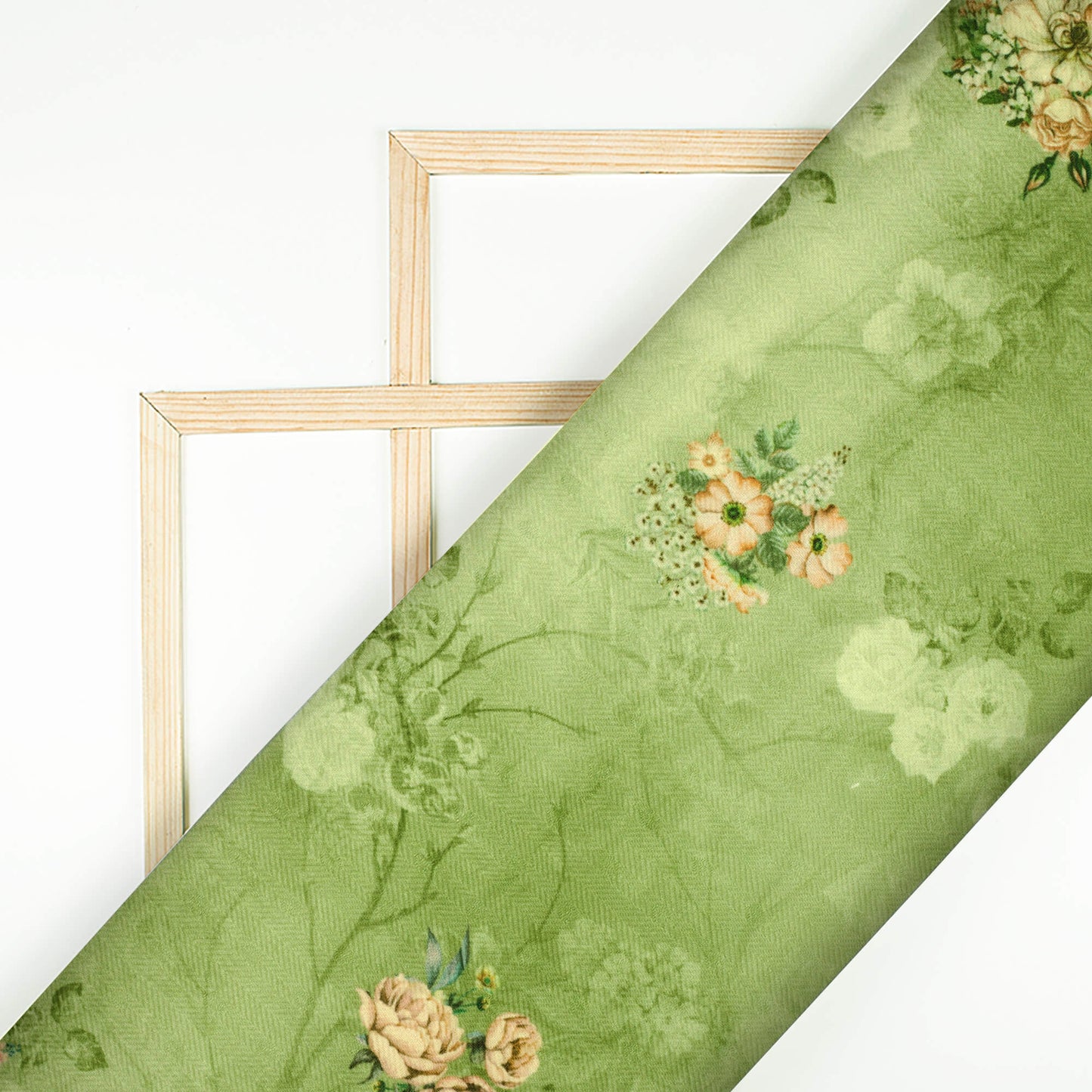 Russian Green And Peach Floral Pattern Digital Print Elegant Blend Pashmina Fabric