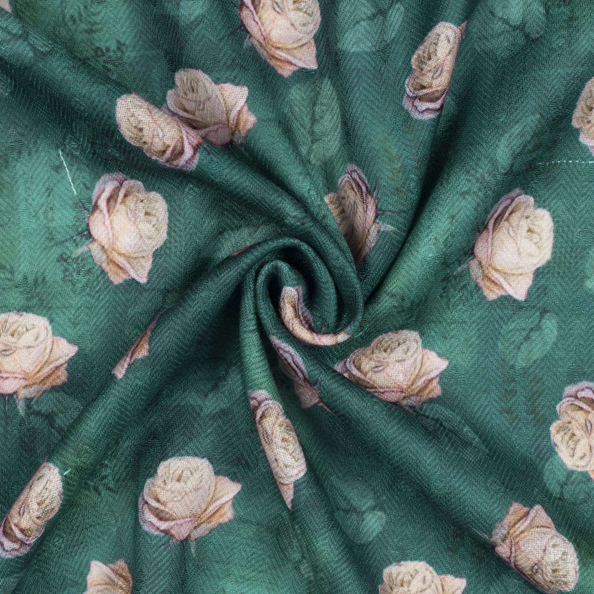 Forest Green And Peach Floral Pattern Digital Print Elegant Blend Pashmina Fabric - Fabcurate