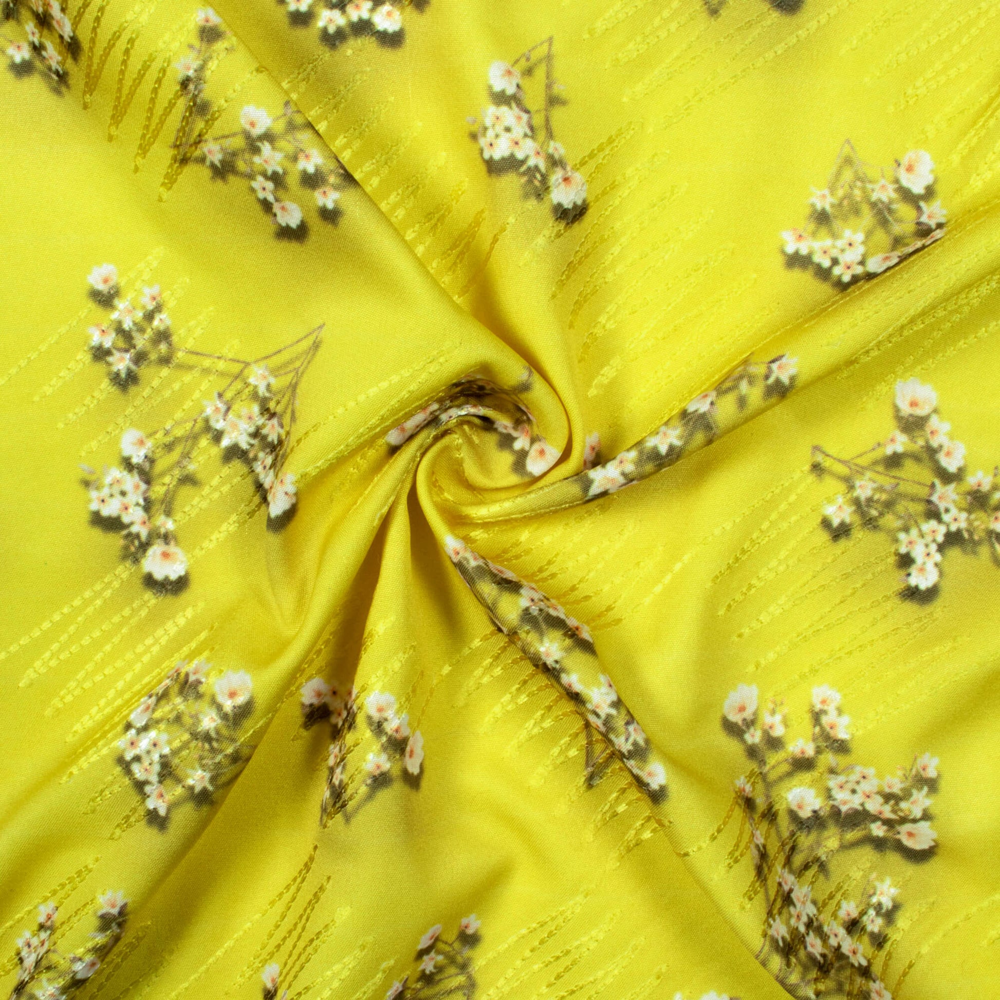 Bumblebee Yellow And White Floral Pattern Digital Print Premium Embroidery Butter Crepe Fabric - Fabcurate