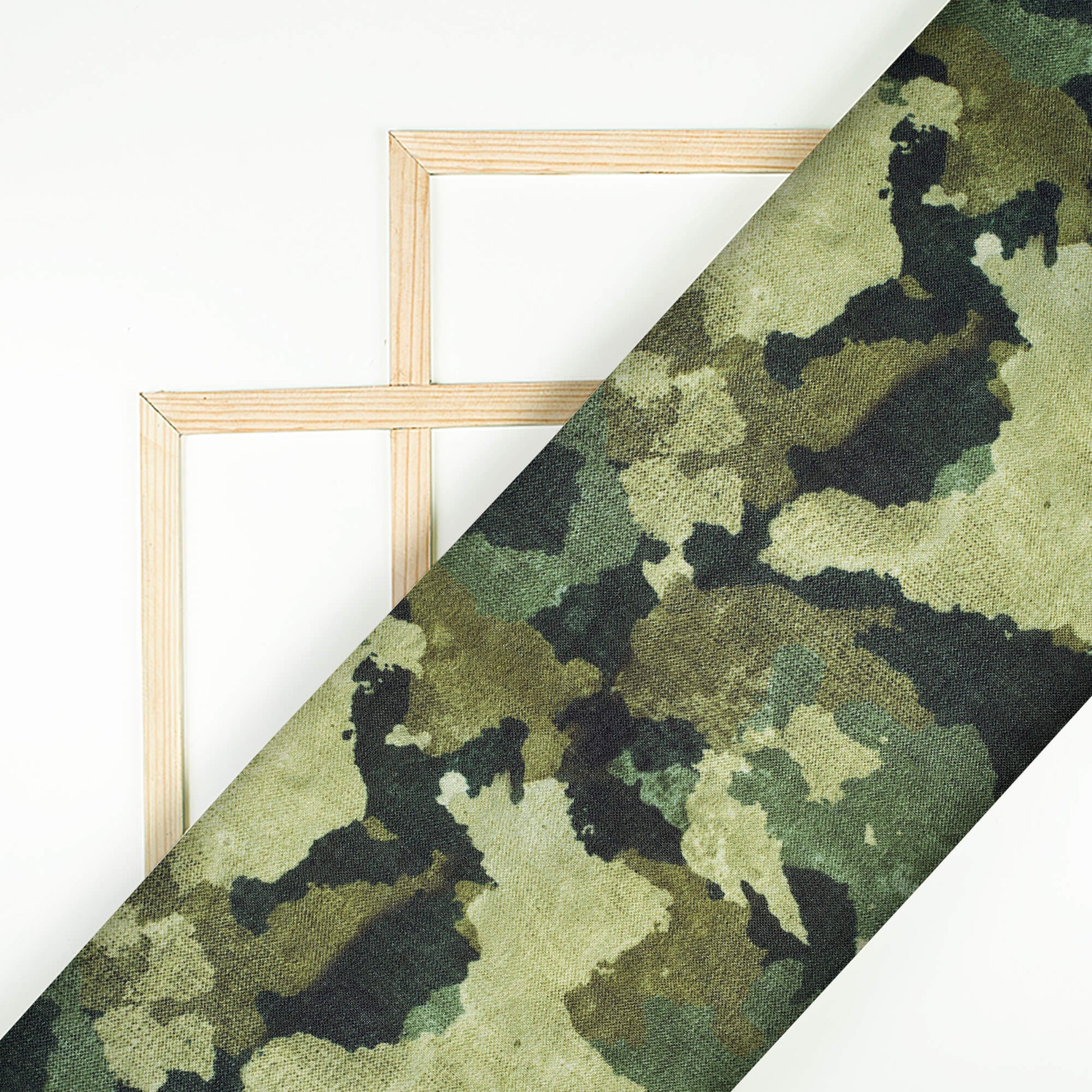 Army Green And Black Camouflage Digital Print Linen Textured