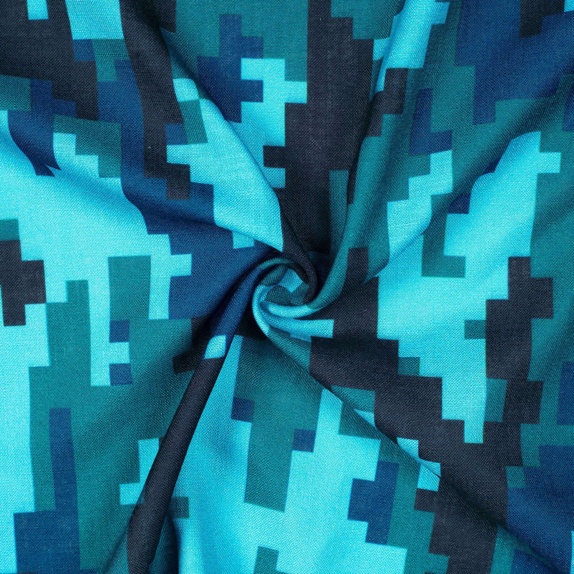 Peacock Green And Sky Blue Camouflage Digital Print Linen Textured Fabric (Width 56 Inches) - Fabcurate