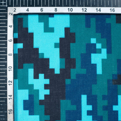 Peacock Green And Sky Blue Camouflage Digital Print Linen Textured Fabric (Width 56 Inches) - Fabcurate