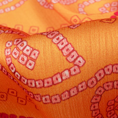 Gold Yellow And Red Bandhani Pattern Digital Print Chiffon Satin Fabric - Fabcurate