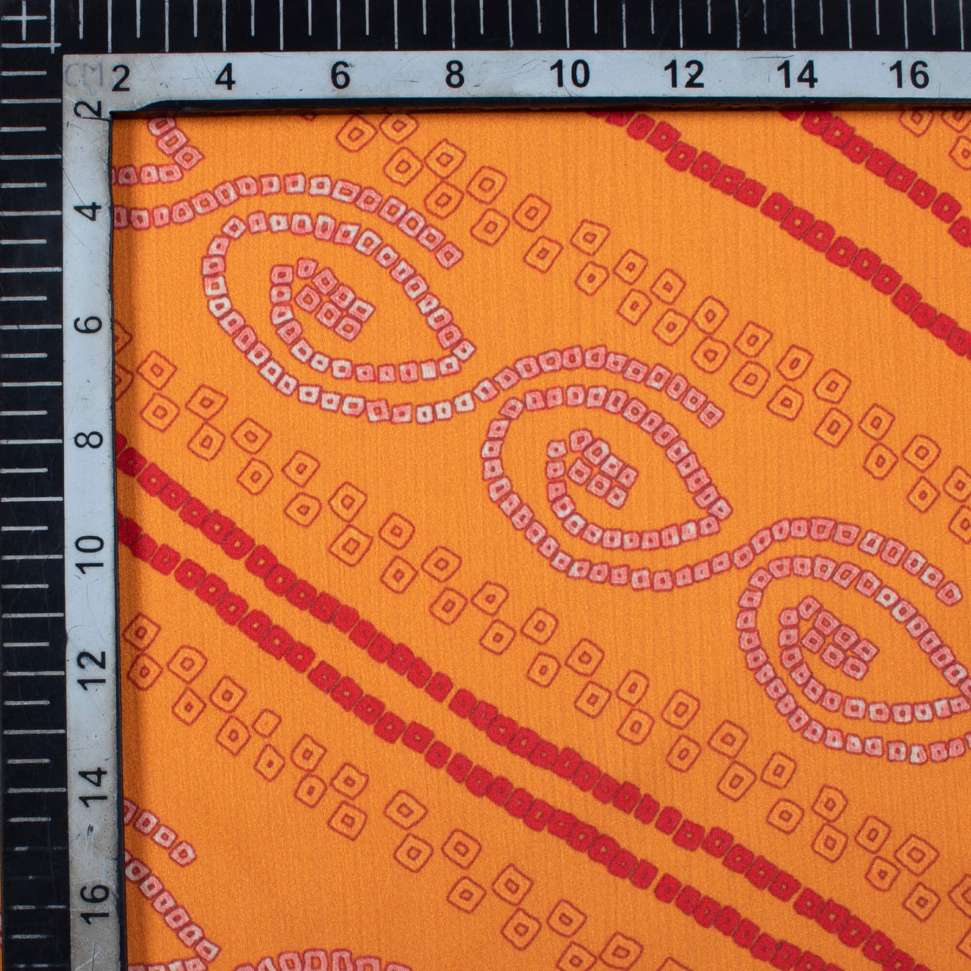 Gold Yellow And Red Bandhani Pattern Digital Print Chiffon Satin Fabric - Fabcurate