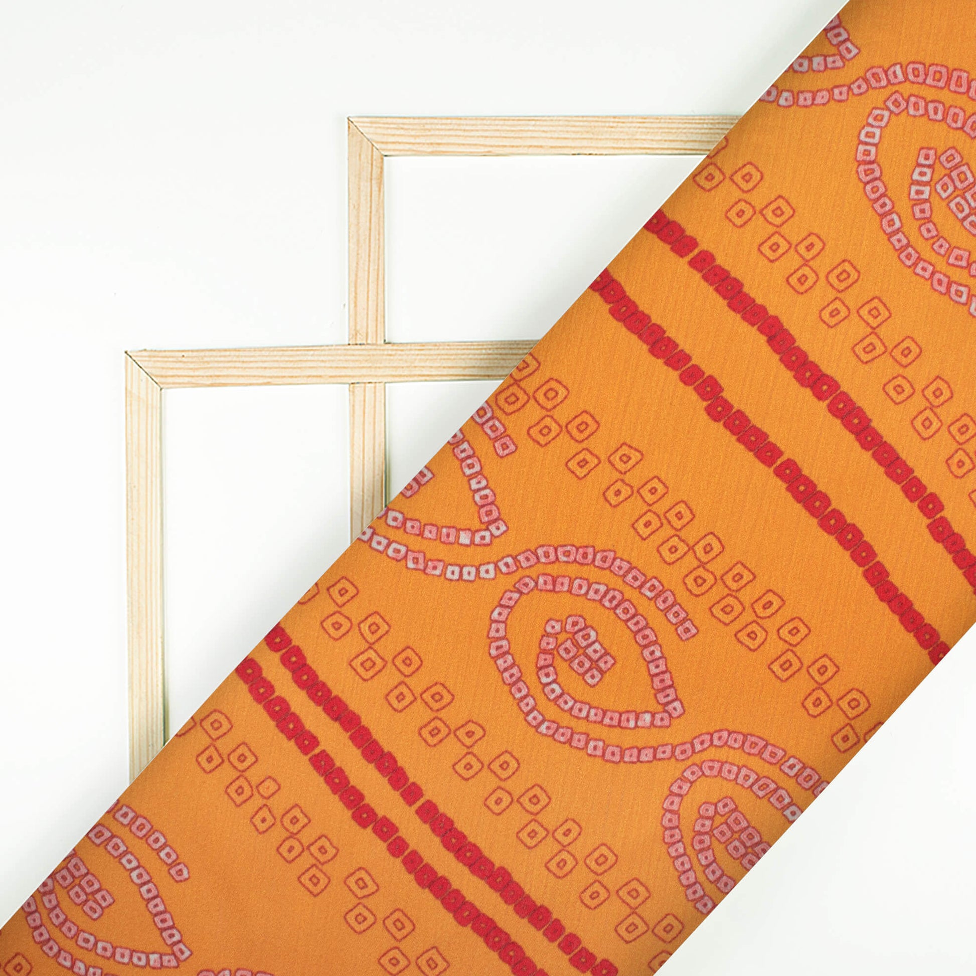 Gold Yellow And Red Bandhani Pattern Digital Print Chiffon Satin Fabric - Fabcurate