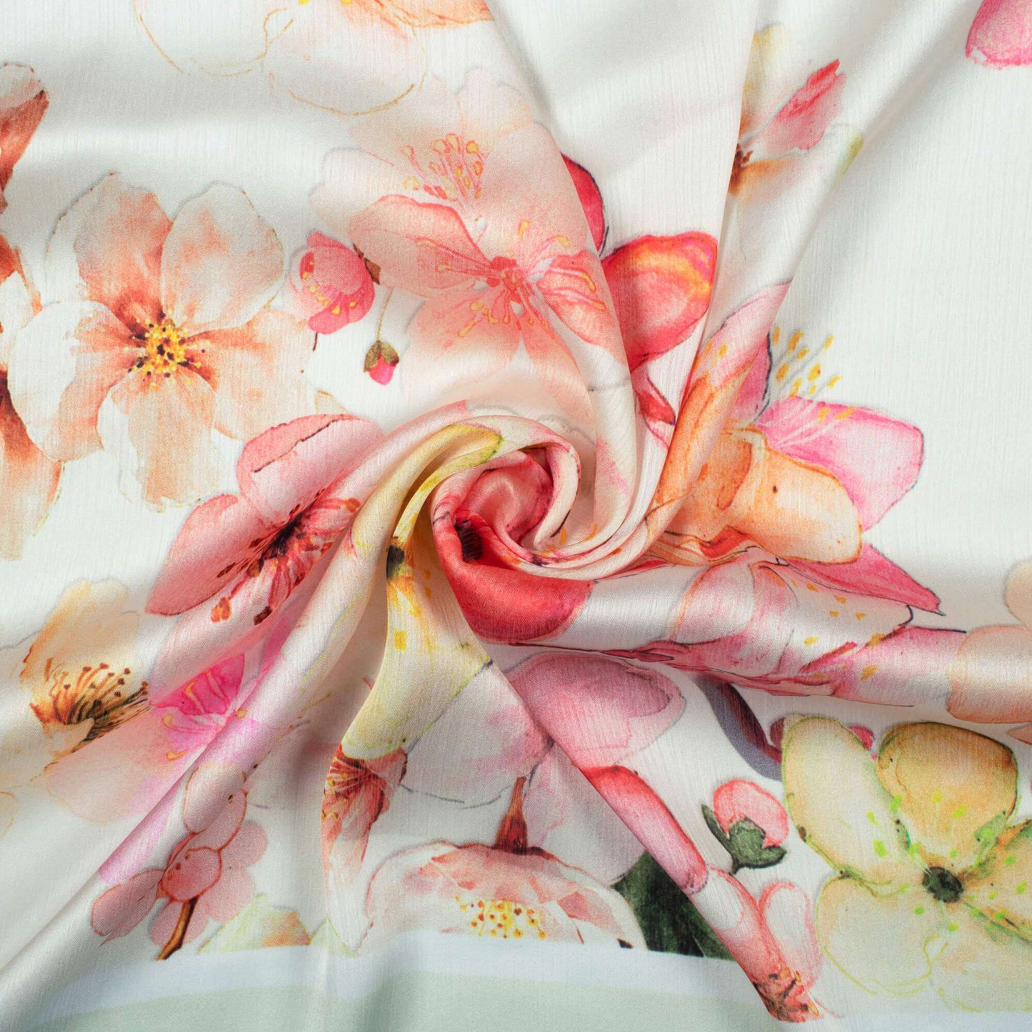 Off White And Pink Floral Pattern Digital Print Chiffon Satin Fabric - Fabcurate