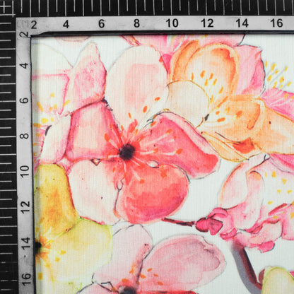 Off White And Pink Floral Pattern Digital Print Chiffon Satin Fabric - Fabcurate