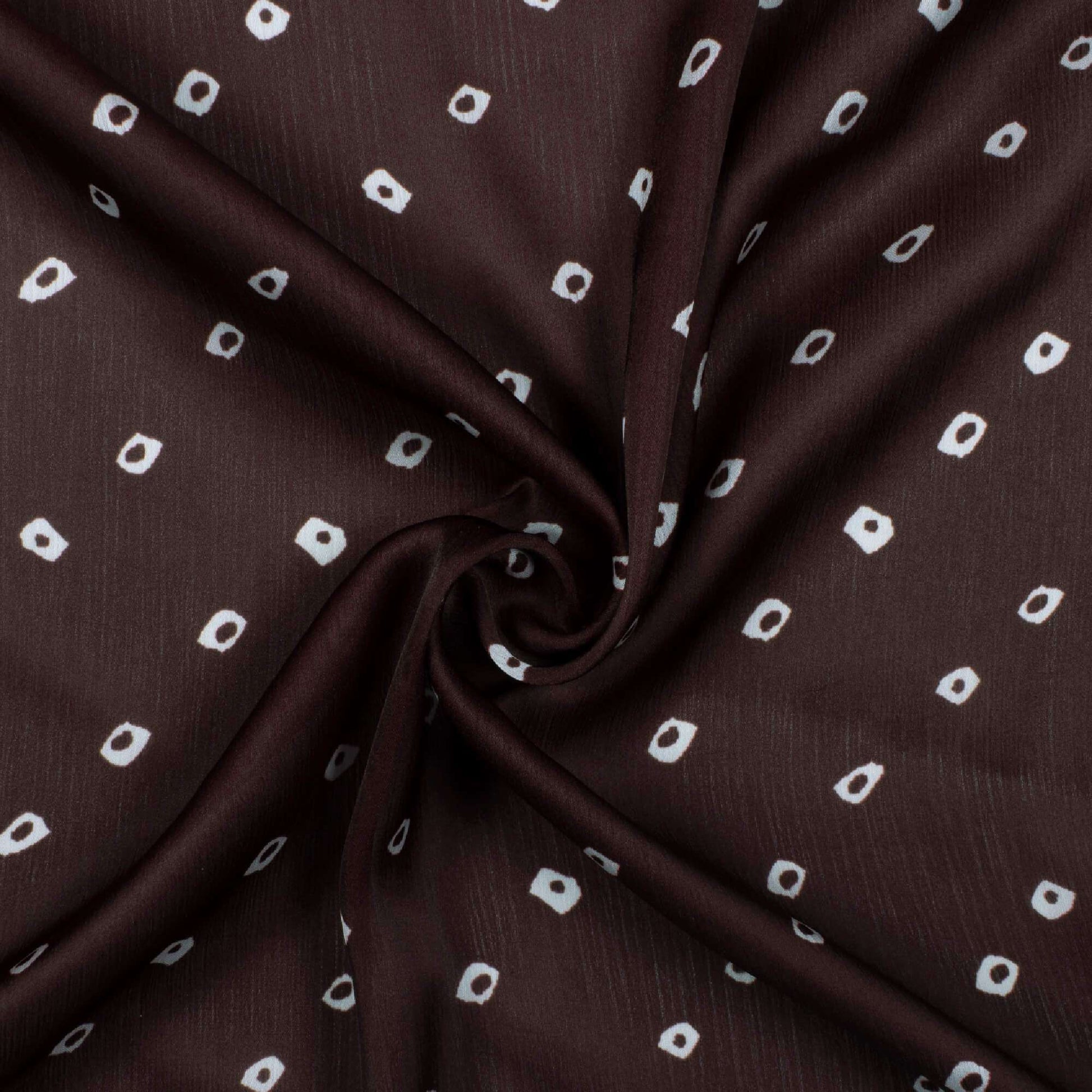 Dark Brown And White Bandhani Pattern Digital Print Chiffon Satin Fabric - Fabcurate