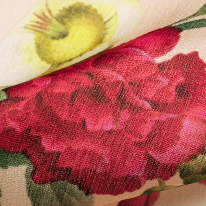 Ivory Cream And Pink Floral Pattern Digital Print Chiffon Satin Fabric - Fabcurate
