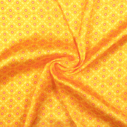 Merigold Yellow And Red Geometric Pattern Digital Print Chiffon Satin Fabric - Fabcurate