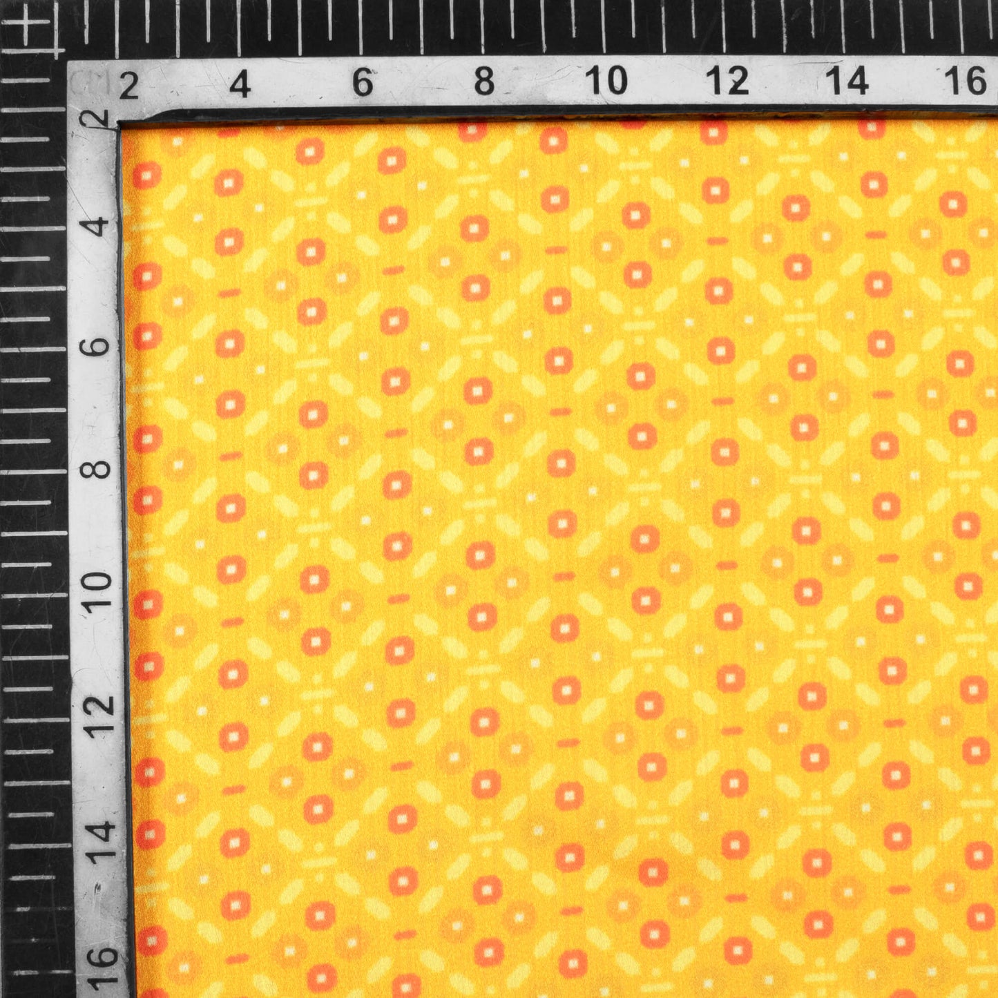Merigold Yellow And Red Geometric Pattern Digital Print Chiffon Satin Fabric - Fabcurate