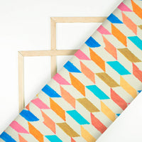 Oyster Beige And Blue Geometric Pattern Digital Print Chiffon Satin Fabric - Fabcurate
