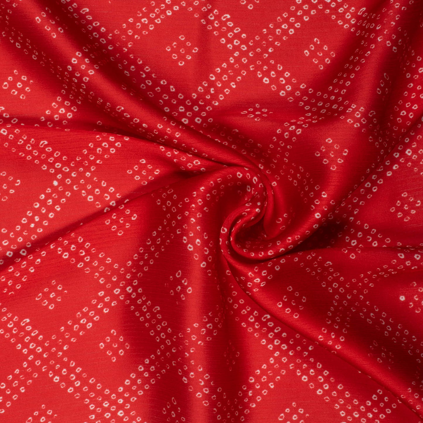 Brick Red And White Bandhani Pattern Digital Print Chiffon Satin Fabric - Fabcurate