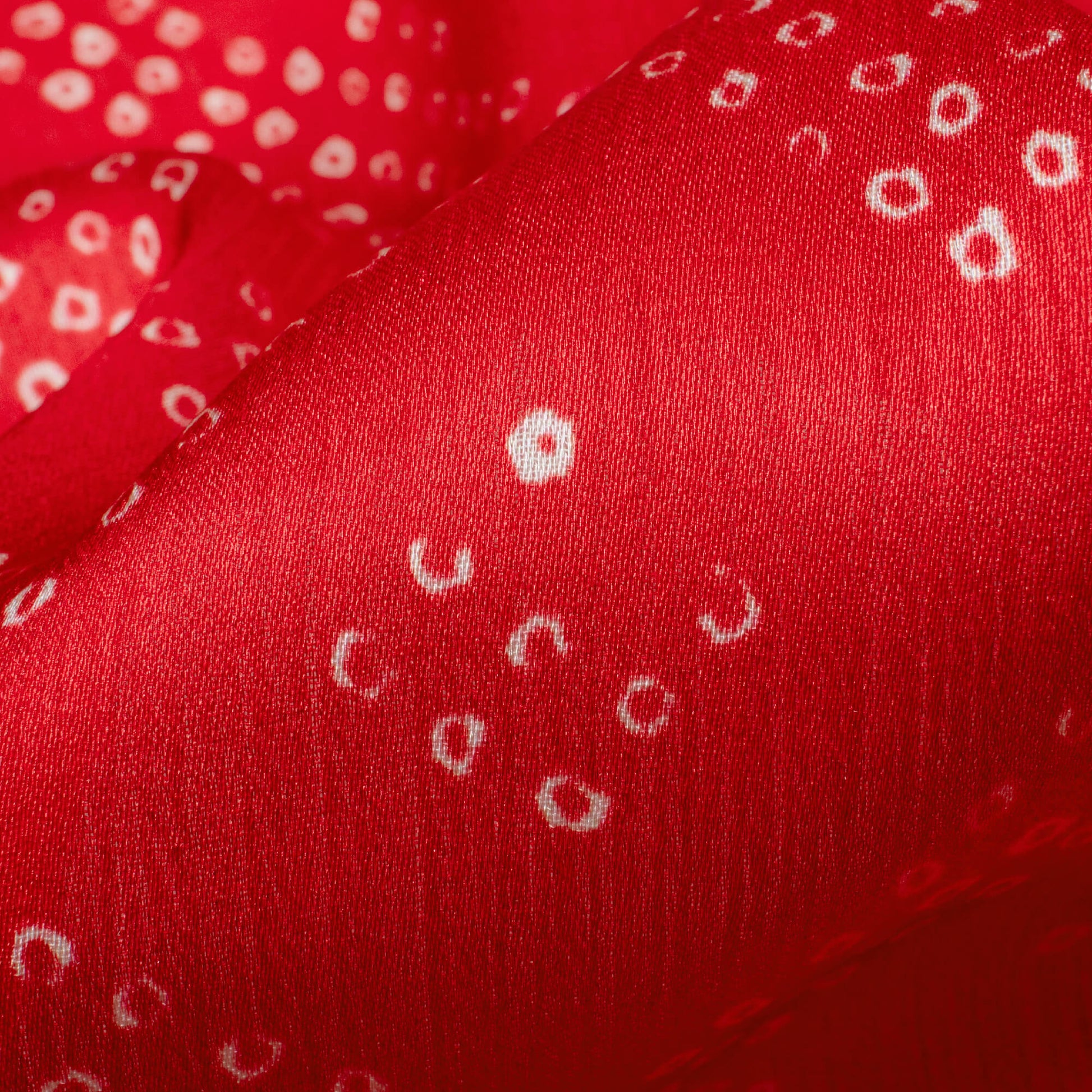 Brick Red And White Bandhani Pattern Digital Print Chiffon Satin Fabric - Fabcurate