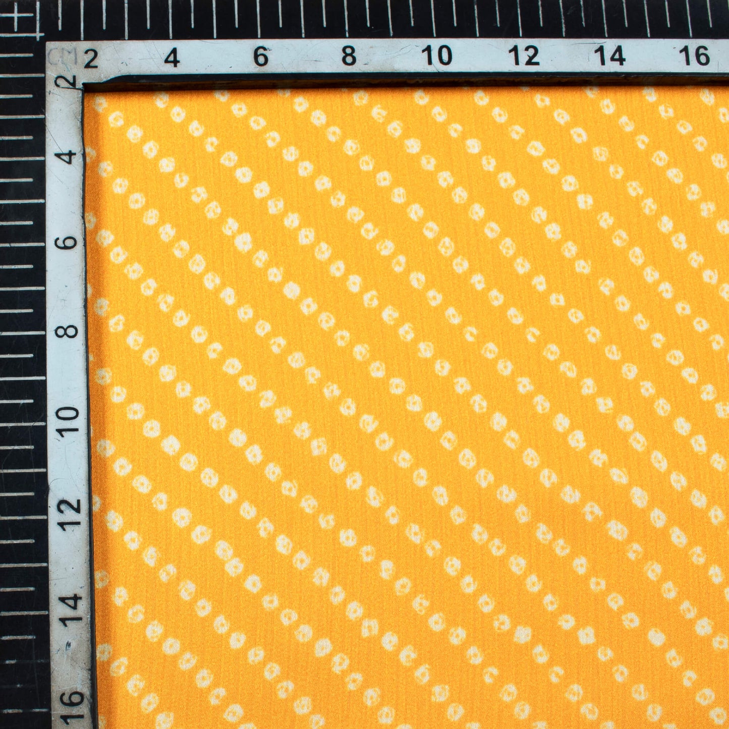 Honey Yellow And White Bandhani Pattern Digital Print Chiffon Satin Fabric - Fabcurate