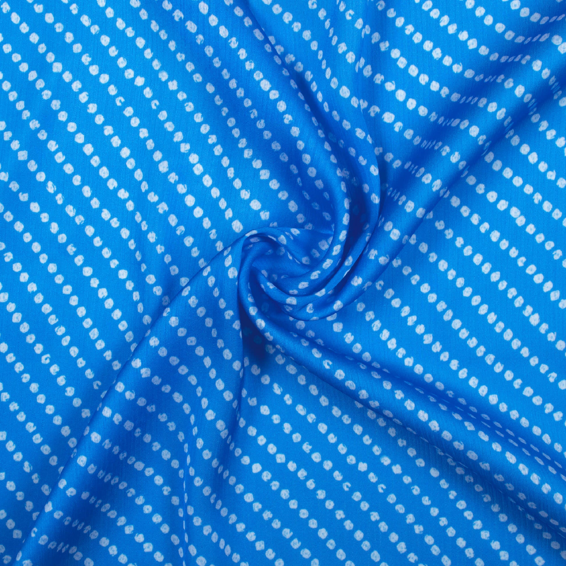 Azure Blue And White Bandhani Pattern Digital Print Chiffon Satin Fabric - Fabcurate