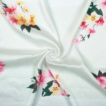 Snow White And Pink Floral Pattern Digital Print Chiffon Satin Fabric - Fabcurate