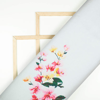 Snow White And Pink Floral Pattern Digital Print Chiffon Satin Fabric - Fabcurate