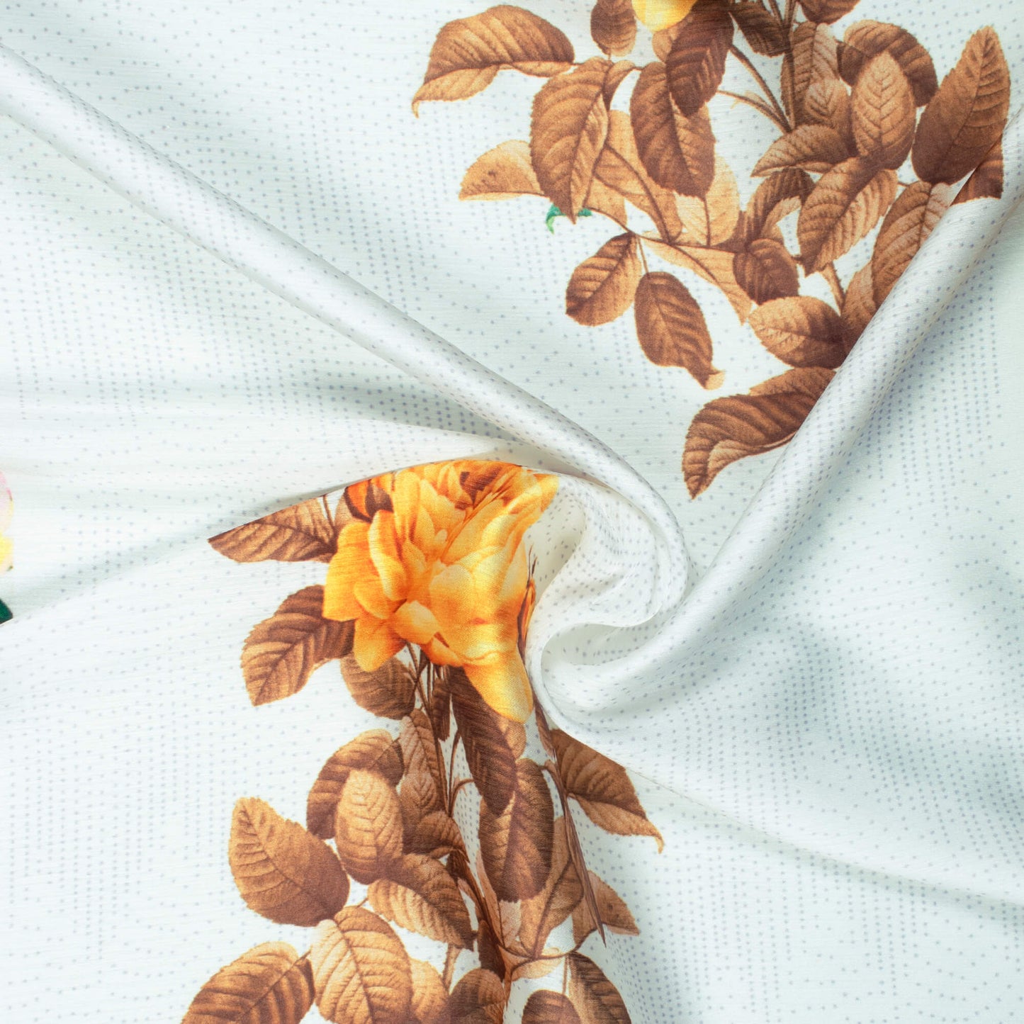 White And Brown Floral Pattern Digital Print Chiffon Satin Fabric - Fabcurate
