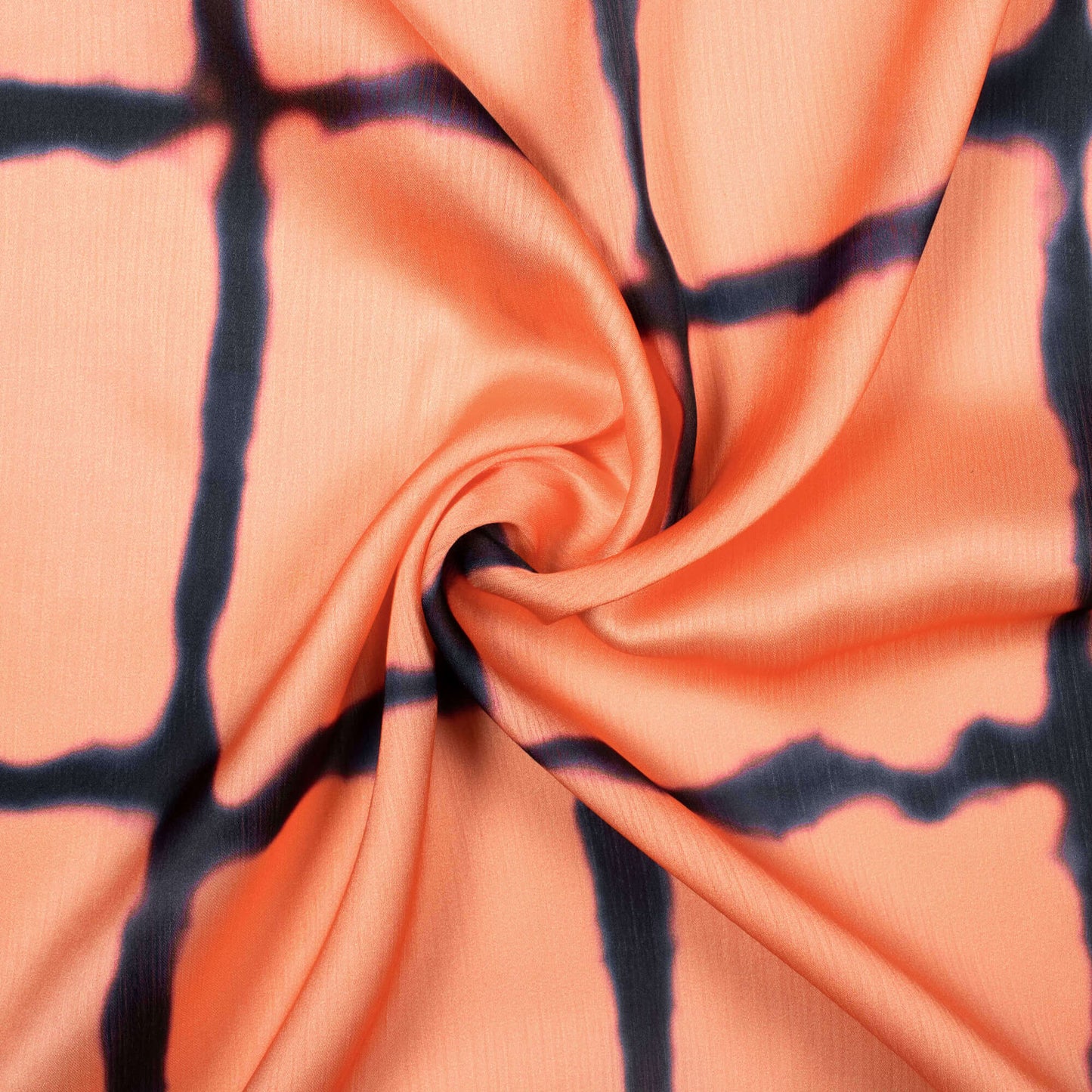 Coral Peach And Navy Blue Checks Pattern Digital Print Chiffon Satin Fabric - Fabcurate