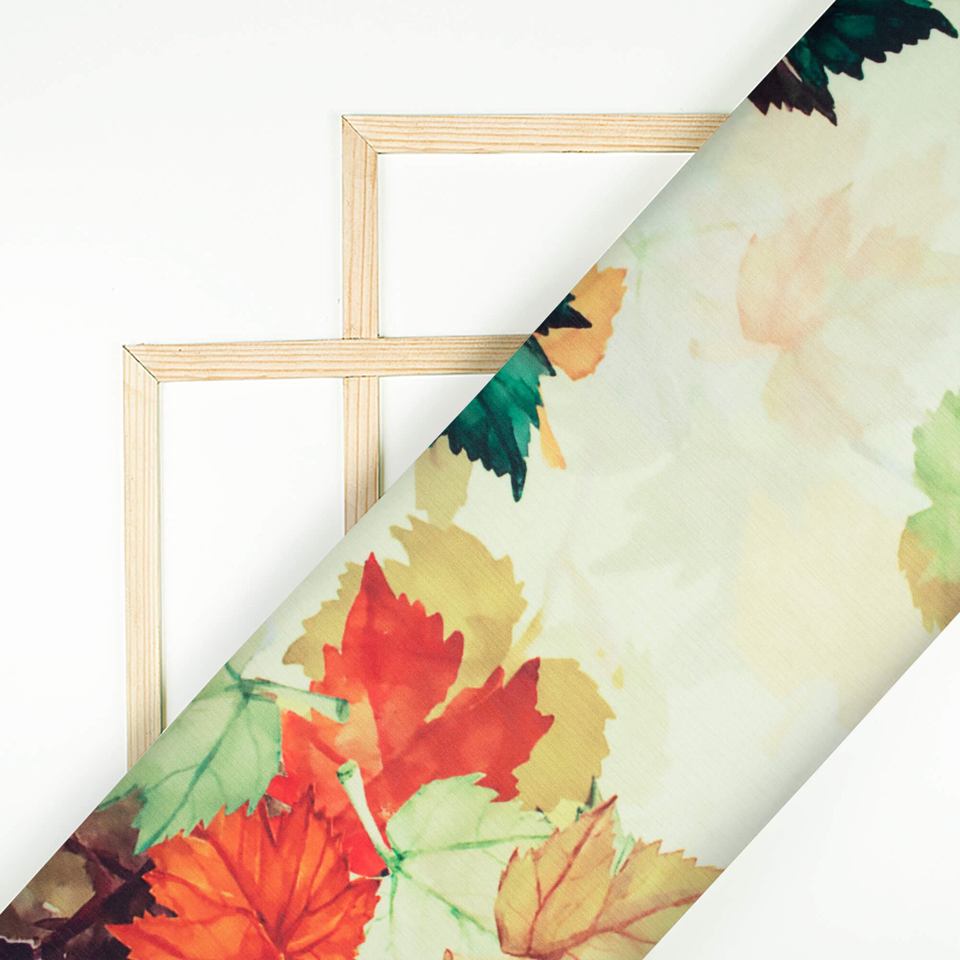 Cream And Orange Leaf Pattern Digital Print Chiffon Satin Fabric - Fabcurate