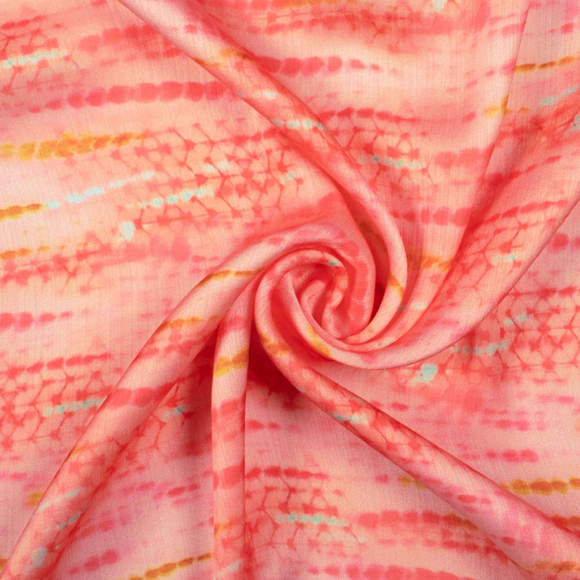 Salmon Pink Shibori Pattern Digital Print Chiffon Satin Fabric - Fabcurate
