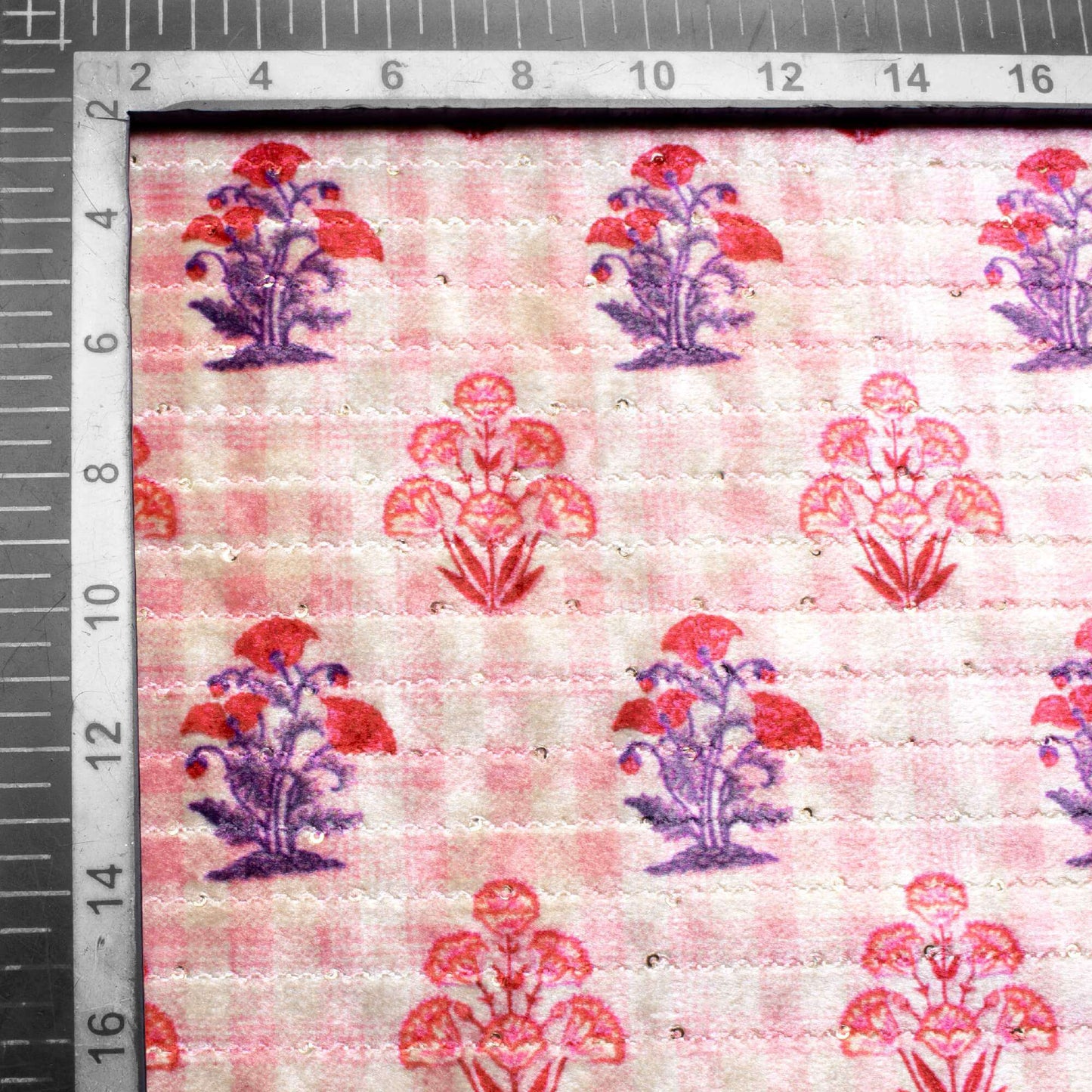 Coral Peach And Purple Floral Pattern Sequins Digital Print Superior Velvet Fabric (Width 54 Inches) - Fabcurate