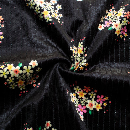 Black And Cream Floral Pattern Sequins Digital Print Superior Velvet Fabric (Width 54 Inches) - Fabcurate