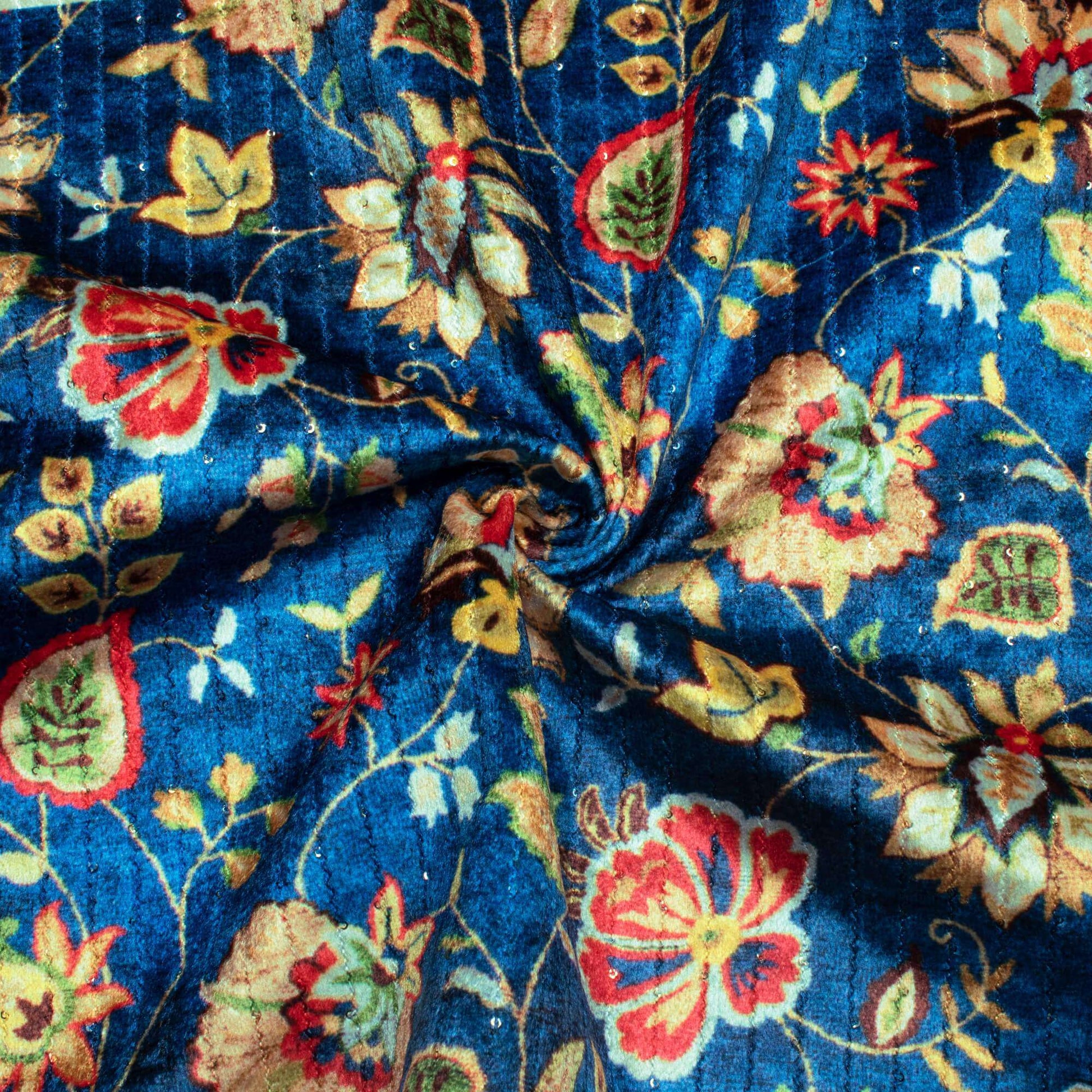 Saphhire Blue And Red Floral Pattern Sequins Digital Print Superior Velvet Fabric (Width 54 Inches) - Fabcurate