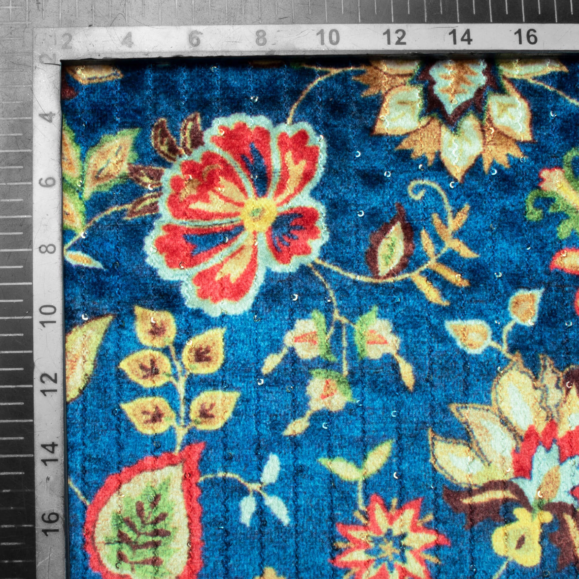 Saphhire Blue And Red Floral Pattern Sequins Digital Print Superior Velvet Fabric (Width 54 Inches) - Fabcurate