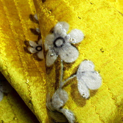 Yellow And White Floral Pattern Sequins Digital Print Superior Velvet Fabric (Width 54 Inches) - Fabcurate