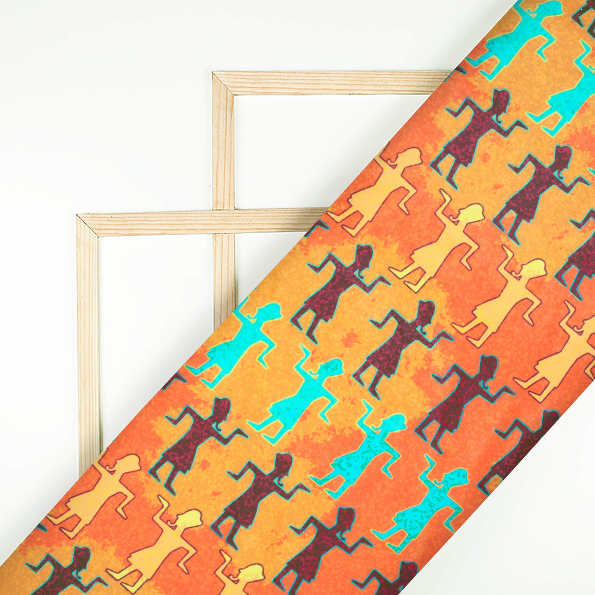Orange And Turquoise Egyptian Pattern Digital Print Ultra Premium Butter Crepe Fabric - Fabcurate