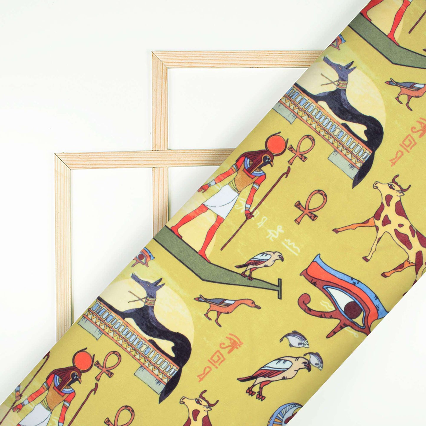 Dijon Yellow And Multi-Color Egyptian Pattern Digital Print Ultra Premium Butter Crepe Fabric - Fabcurate