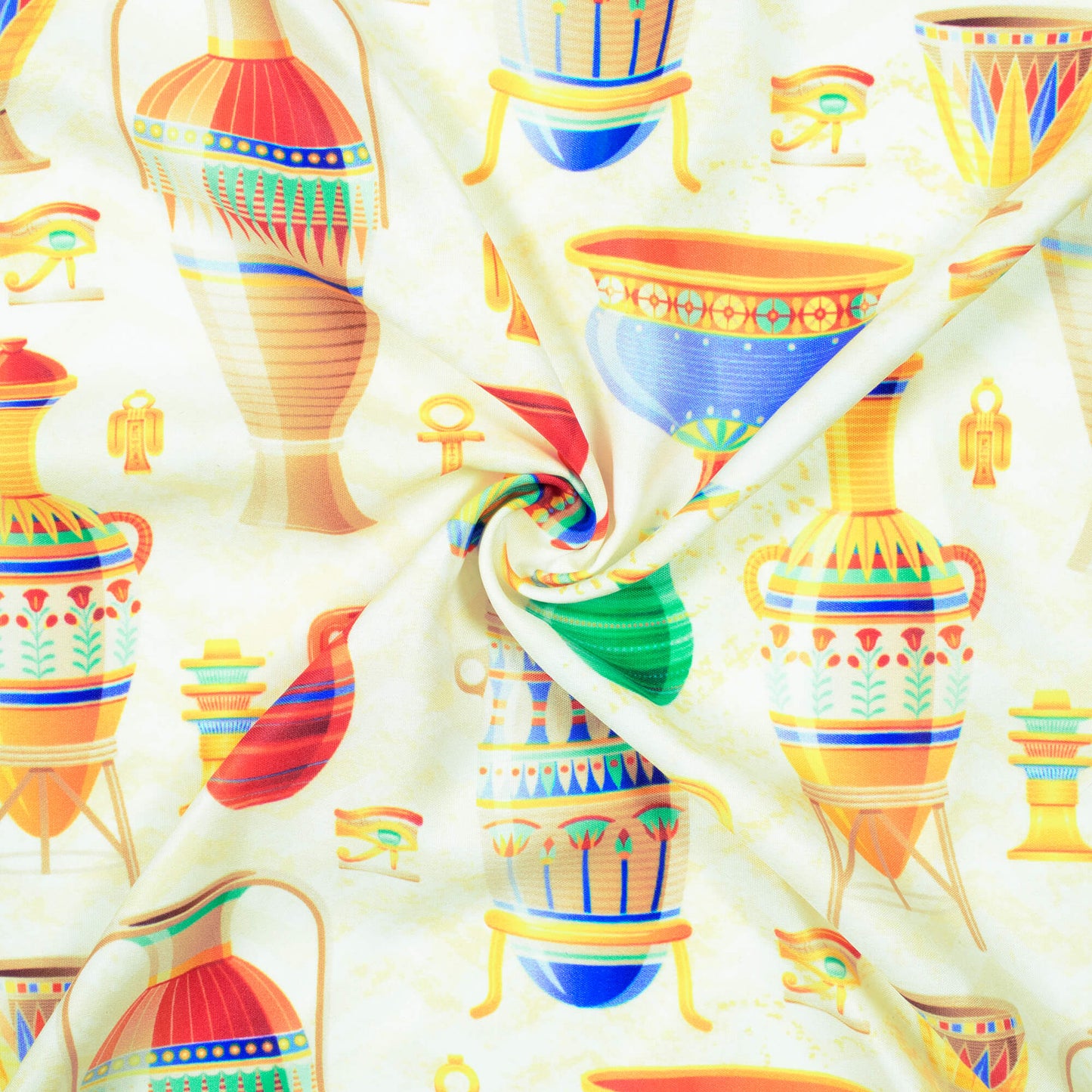 Cream And Yellow Egyptian Pattern Digital Print Ultra Premium Butter Crepe Fabric - Fabcurate