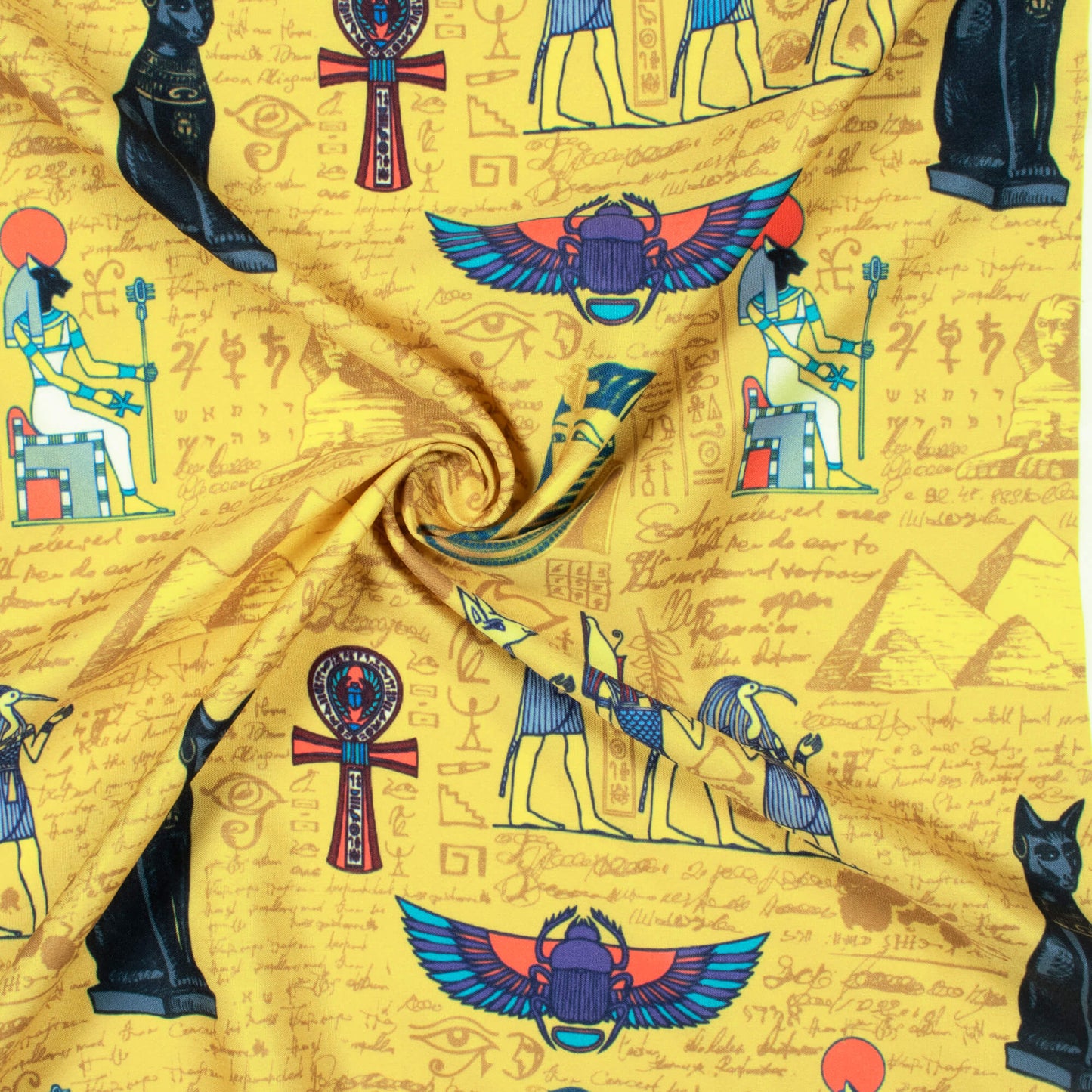 Corn Yellow And Dark Grey Egyptian Pattern Digital Print Ultra Premium Butter Crepe Fabric - Fabcurate