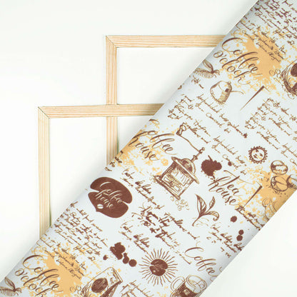 Brown And White Bistro Pattern Digital Print Ultra Premium Butter Crepe Fabric - Fabcurate