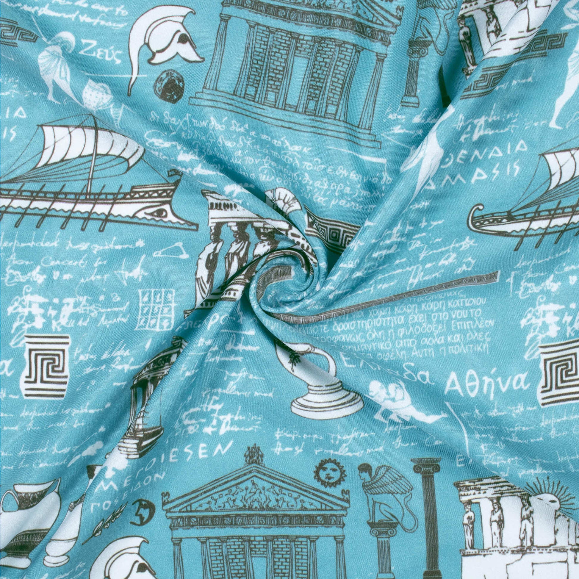 Sky Blue And White Bistro Pattern Digital Print Ultra Premium Butter Crepe Fabric - Fabcurate