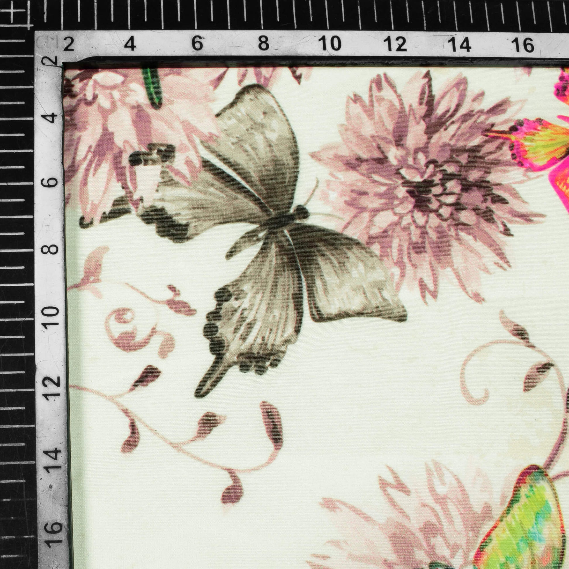 Off White And Salamandar Orange Butterfly Pattern Digital Print Chanderi Fabric - Fabcurate
