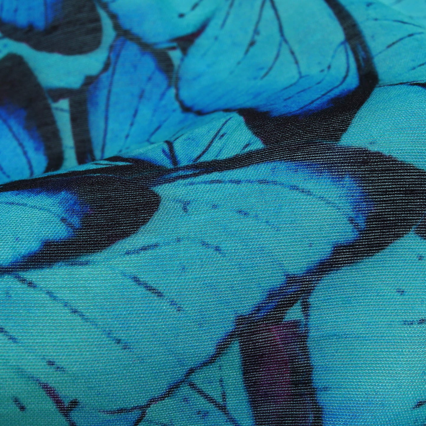 Cyan Blue And Black Butterfly Pattern Digital Print Chanderi Fabric