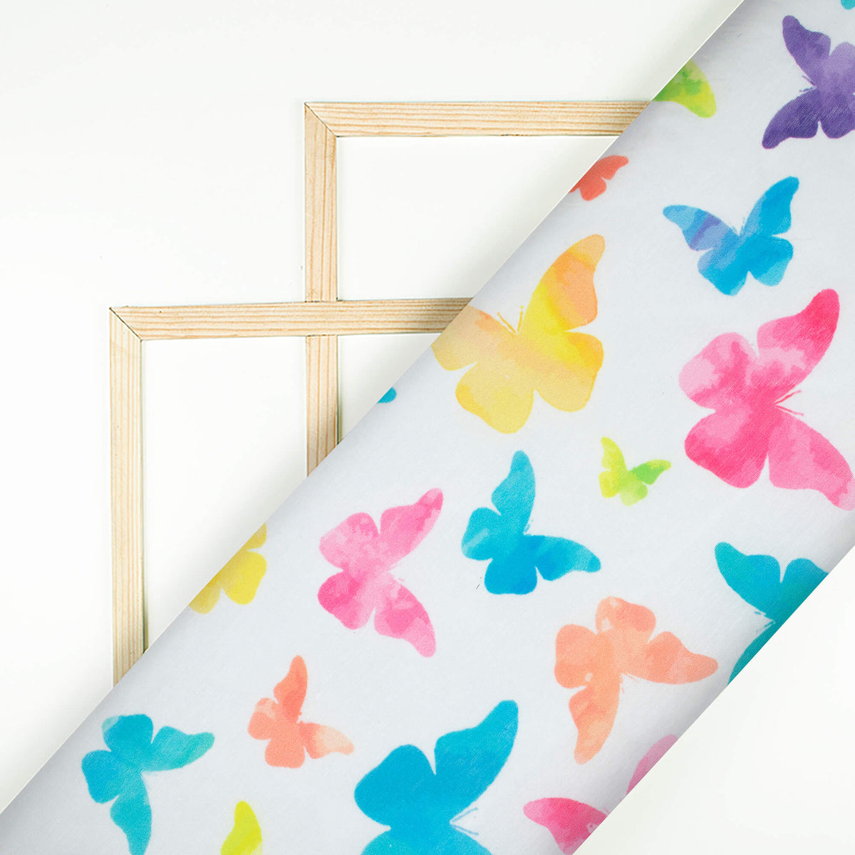 White And Multi-Color Butterfly Pattern Digital Print Chanderi Fabric - Fabcurate