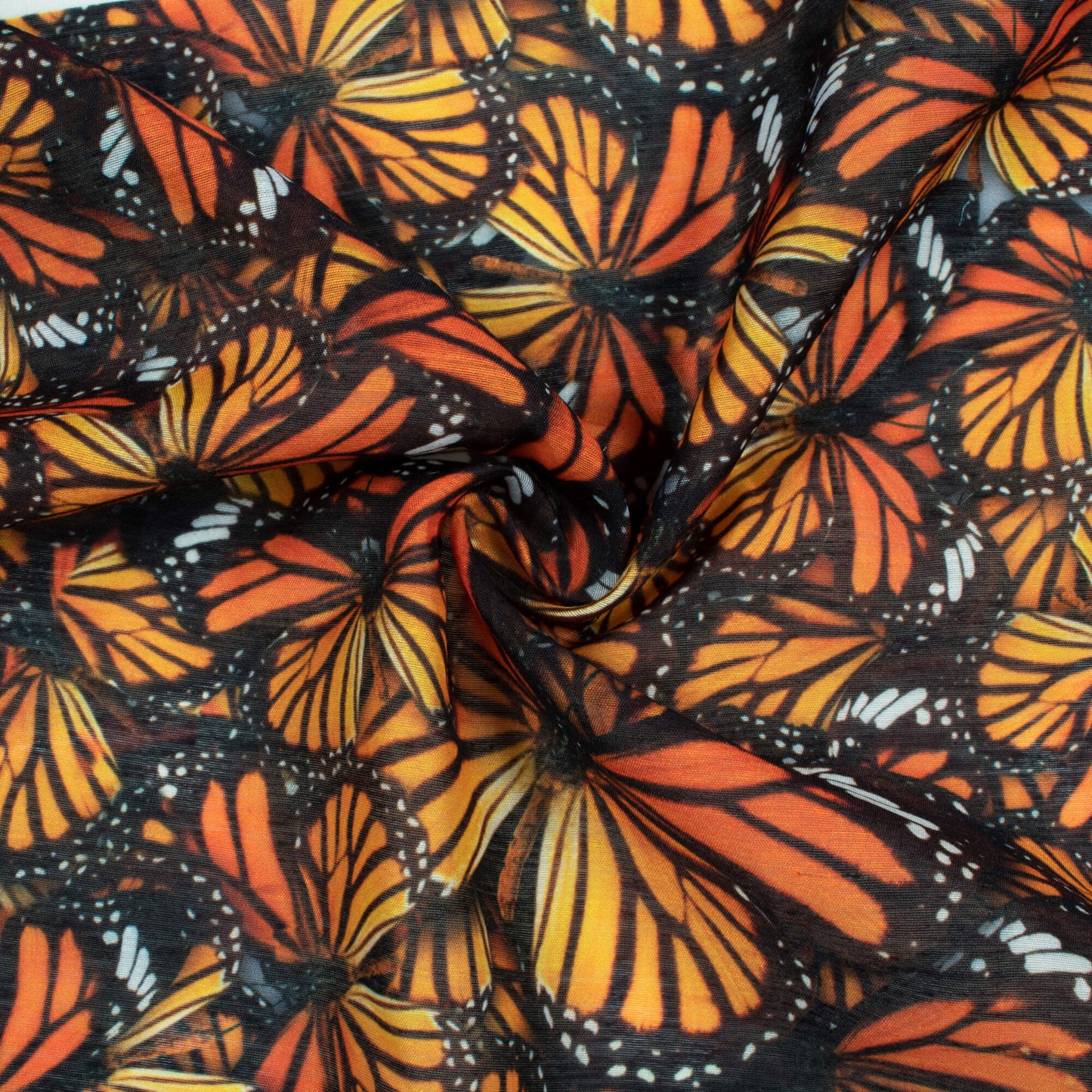 Black And Salamander Orange Butterfly Pattern Digital Print Chanderi Fabric - Fabcurate