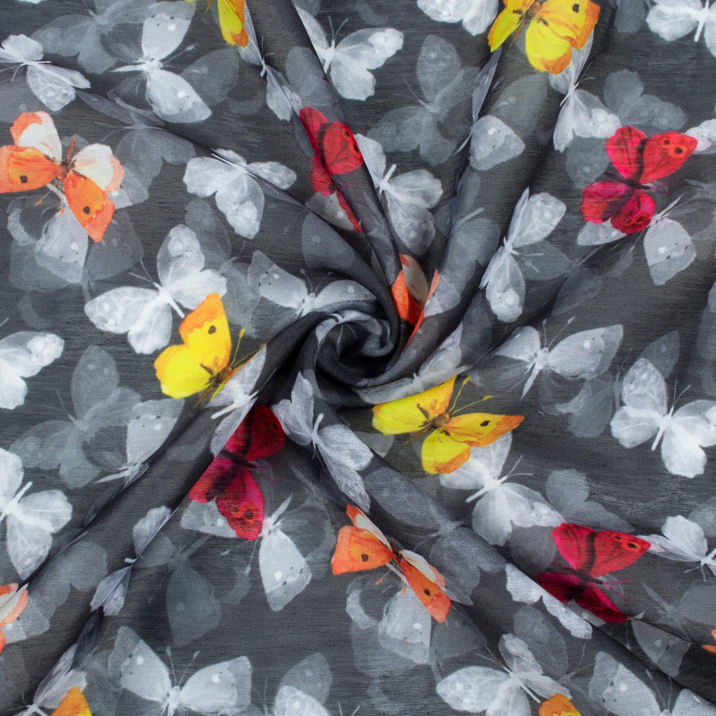 Grey And Yellow Butterfly Pattern Digital Print Chanderi Fabric - Fabcurate