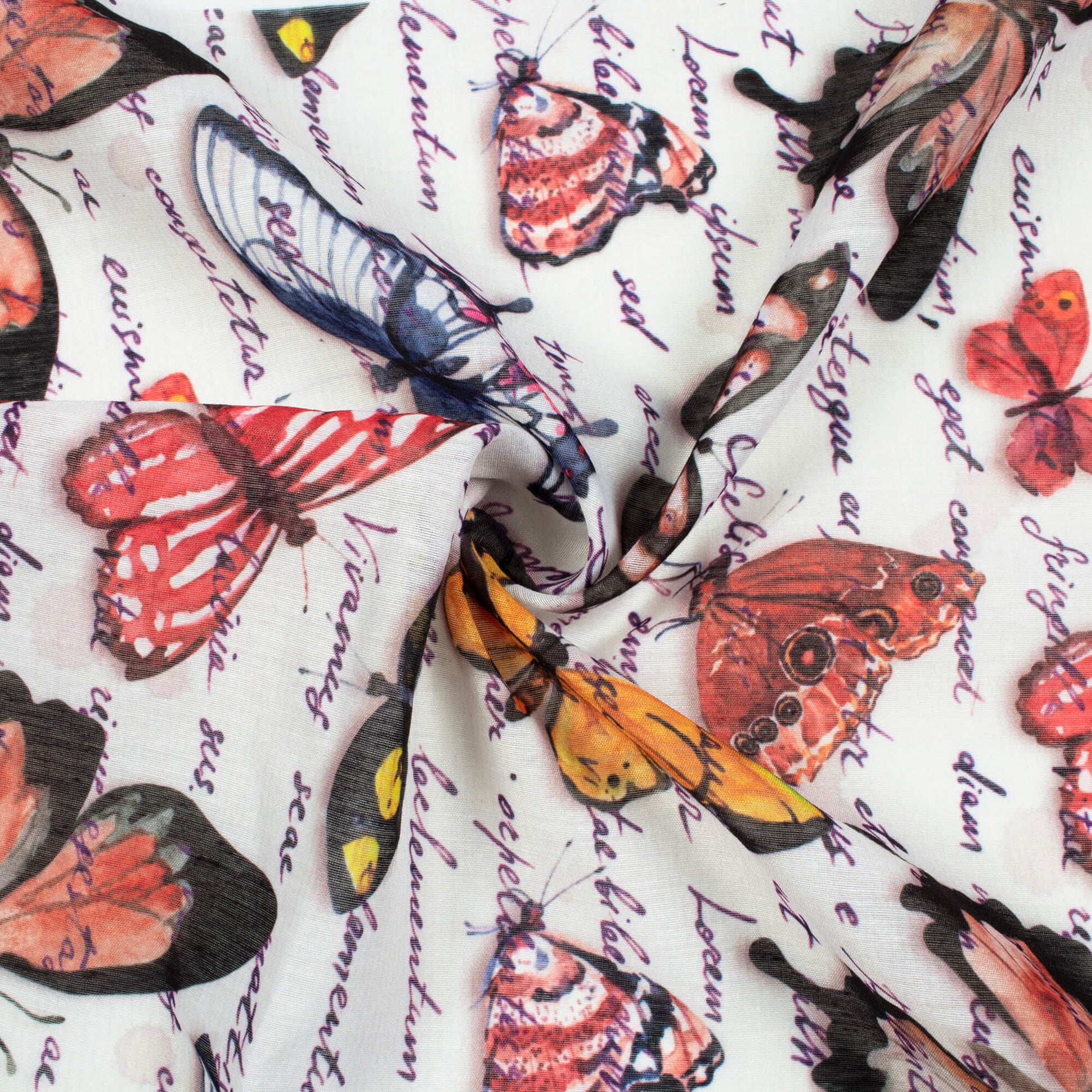 White And Orange Butterfly Pattern Digital Print Chanderi Fabric - Fabcurate