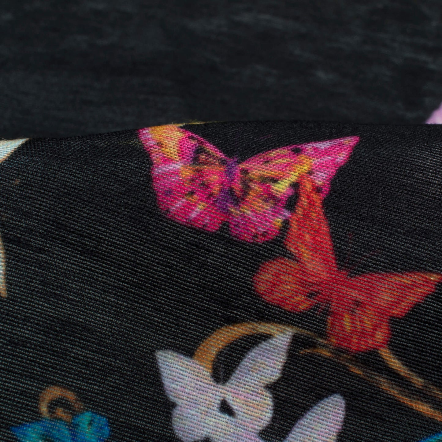 Black And Orange Butterfly Pattern Digital Print Chanderi Fabric - Fabcurate