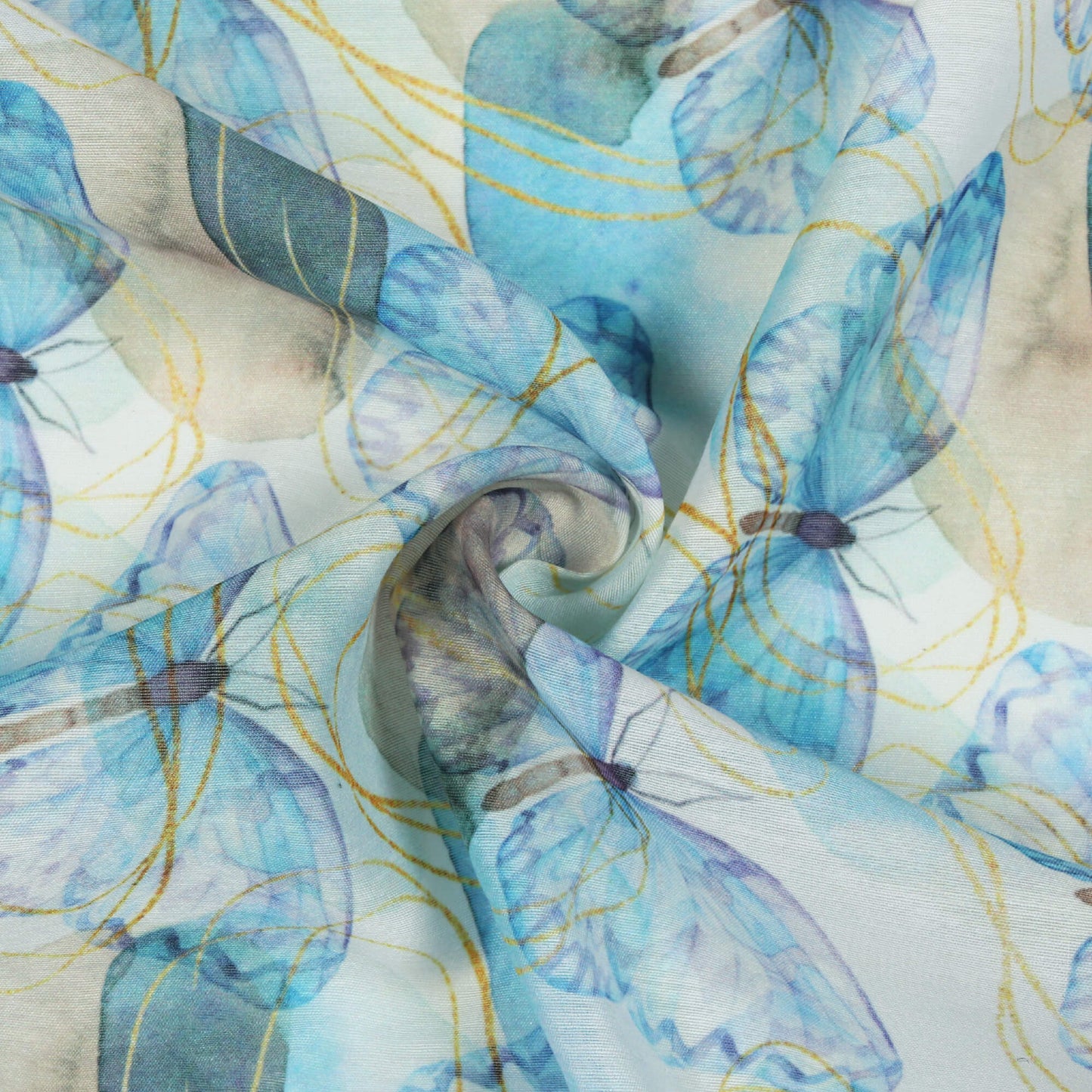 White And Sky Blue Butterfly Pattern Digital Print Chanderi Fabric