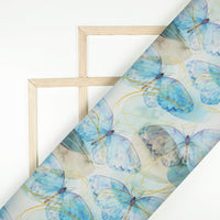 White And Sky Blue Butterfly Pattern Digital Print Chanderi Fabric