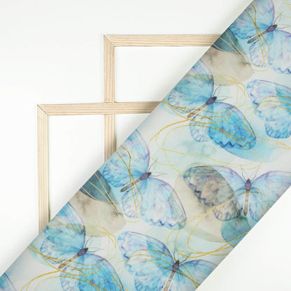 White And Sky Blue Butterfly Pattern Digital Print Chanderi Fabric