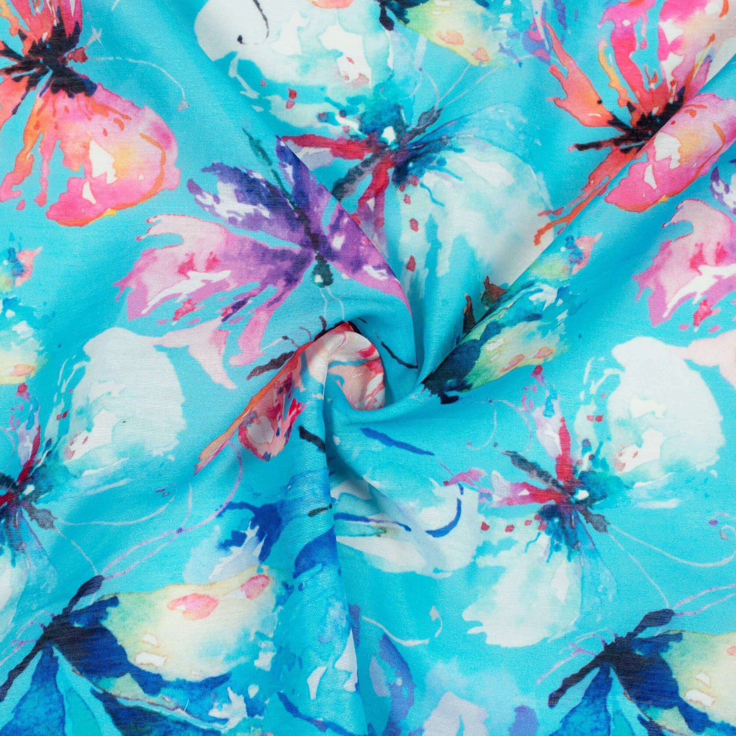 Sky Blue And Taffy Pink Butterfly Pattern Digital Print Chanderi Fabric - Fabcurate